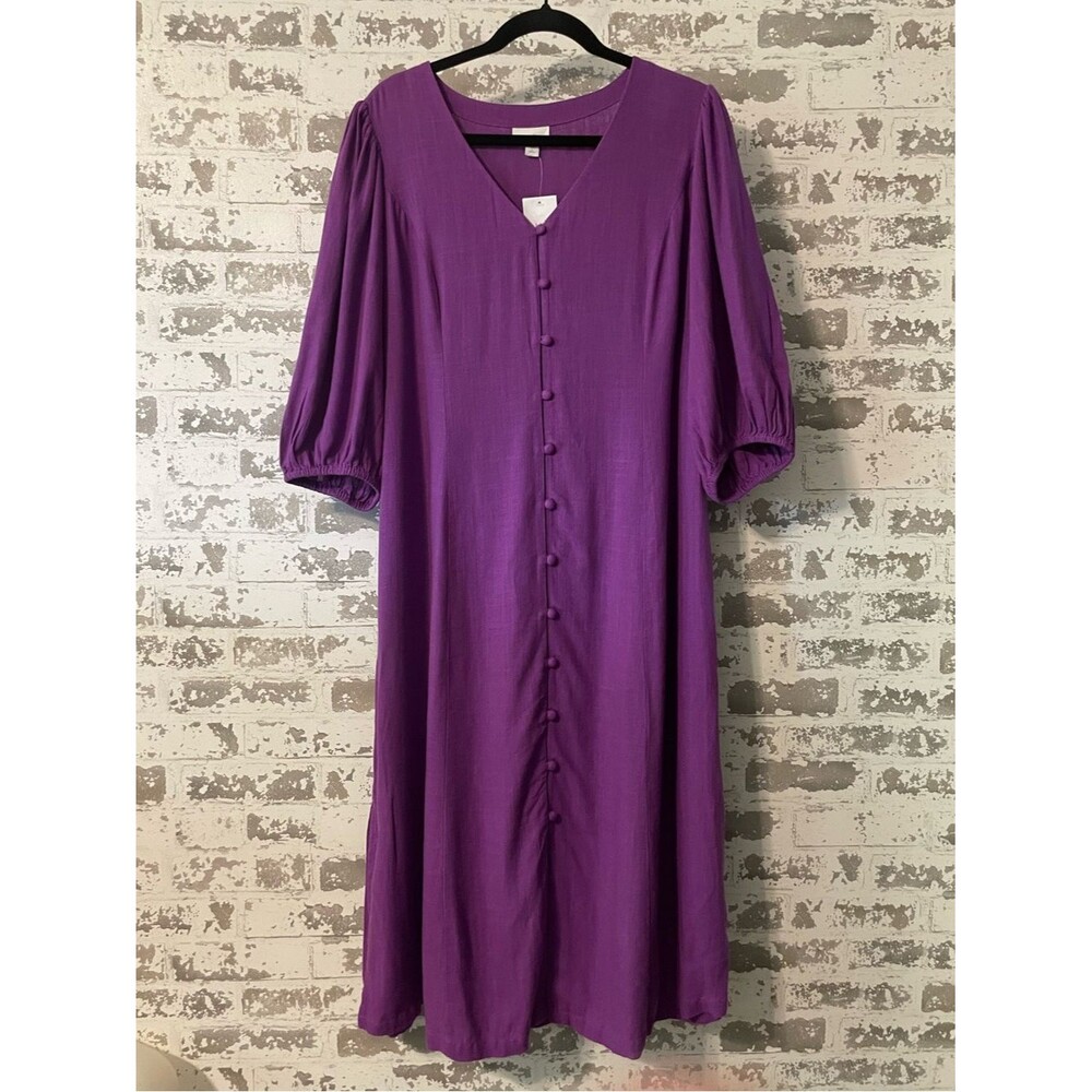J. Jill Gem Purple Linen Blend Midi Dress NWT Puff Sleeve Button Front LP
